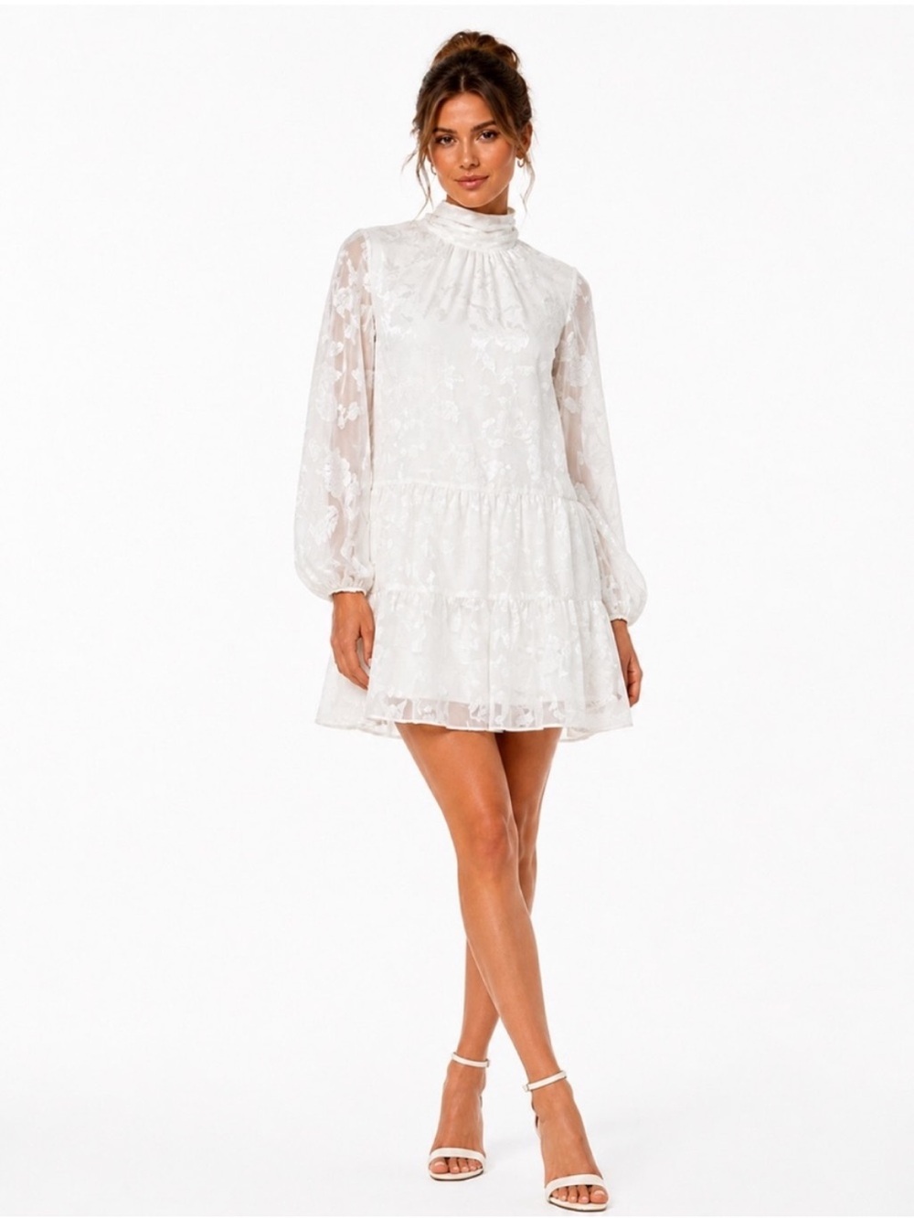 NWT Belle Badgley Mischka Ansley Long Sleeve Floral Bow Cocktail Dress White
